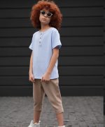 تیشرت بافت آبی و شلوارک بافت کرم - پوشاک ملورینا