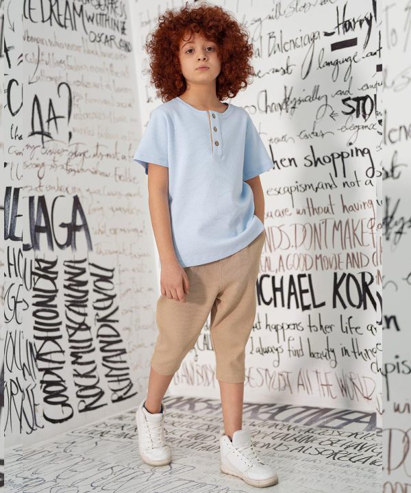 تیشرت بافت آبی و شلوارک بافت کرم - پوشاک ملورینا