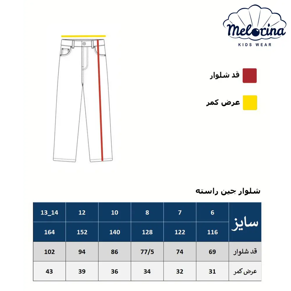 جدول شلوار جین راسته - پوشاک ملورینا