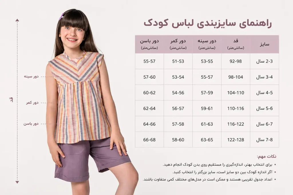 سایزبندی لباس کودک؛ راهنمای کامل انتخاب سایز درست از ۲ تا ۱۲ سال 2 kids clothing size chart